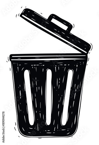 Black doodle style trash can with an open lid, symbolizing waste disposal, recycling, or digital deletion, suitable for environmental projects, household organization applications, or user