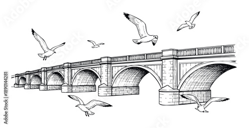 Detailed black and white sketch of a classic arch bridge spanning across water with multiple seagulls soaring in the sky, suitable for architectural studies, travel publications, or