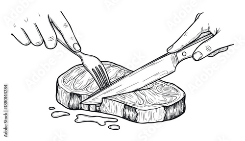 Human hands skillfully using a sharp knife and a fork to cut a delicious steak, perfect for culinary publications, cooking instructions, or meal preparation graphics.