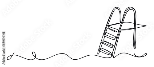 Minimalist continuous line drawing depicting a swimming pool ladder and diving board emerging from water, perfect for summer vacation campaigns and water sport activity promotions.