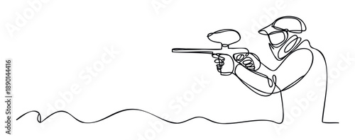 Dynamic single line drawing of a paintball player in protective gear holding a marker gun, perfect for sports event promotions, gaming advertisements, or extreme activity branding.