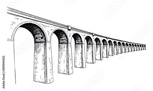 Hand drawn black and white sketch of a long stone arched viaduct disappearing into perspective, ideal for architectural history or engineering project visual content