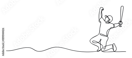 Continuous line drawing of a male baseball player celebrating a successful hit with a bat, perfect for sports event promotions, athletic achievement recognition, or minimalist poster designs