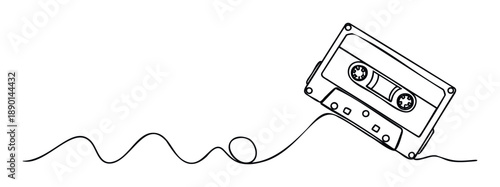 Minimalist line drawing of an old audio cassette tape with its magnetic tape unraveling into a continuous wavy line, symbolizing music, sound, and a sense of nostalgia for diverse media