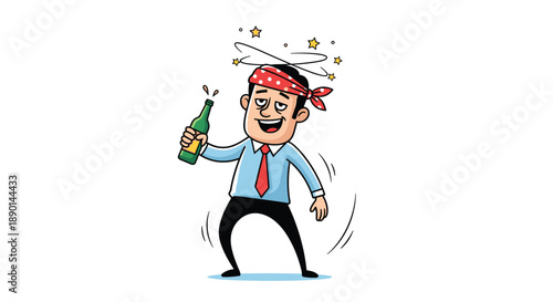 Dizzy drunk businessman in a shirt and tie stumbles around with a green bottle while stars spin around his head after a party.