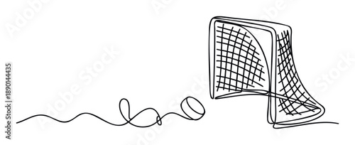 Single continuous line drawing of a hockey goal and puck capturing the dynamic energy of a winter sport game, ideal for athletic event promotions and sports apparel.