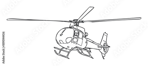 Detailed black outline drawing of a small utility helicopter with main and tail rotors, ideal for technical diagrams, aerospace educational content, or transport related media projects.