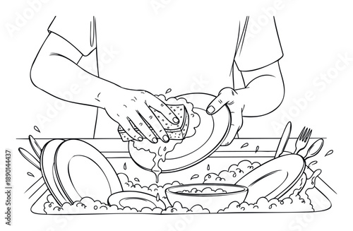 Persons hands diligently washing dinner plates with a scrubbing sponge amidst a sink full of foamy suds and dirty cutlery, perfect for household chores or hygiene topics