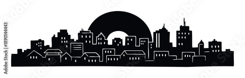Dynamic city skyline silhouette composed of diverse buildings, tall and short, with contrasting white windows and rooflines, presented with a dominant overhead semicircle, excellent for