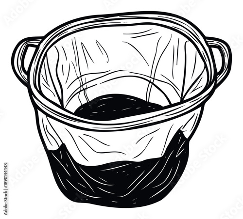 Monochrome line drawing of an empty slow cooker liner or plastic bag with a small amount of dark material at the bottom, perfect for kitchen product packaging or cooking preparation graphics