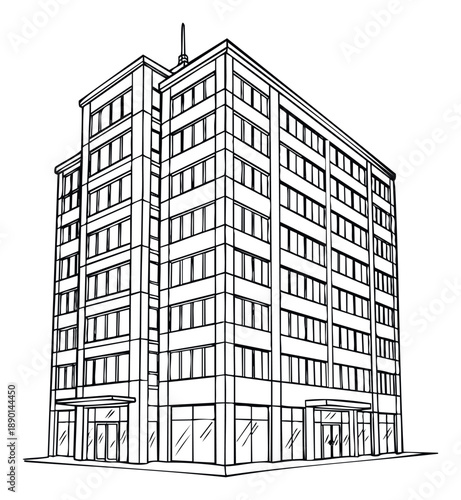 A strong black and white line drawing of a modern multistory building with numerous windows and accessible ground floor entrances, ideal for architectural blueprints, urban planning, or