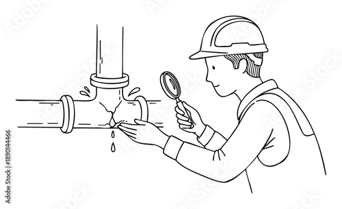 A professional plumber wearing a protective hard hat meticulously examines a damaged and leaking pipe with a magnifying glass to illustrate repair services and leak detection solutions.