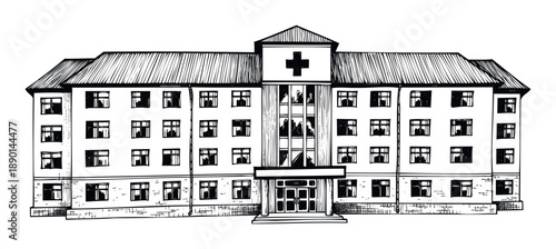 Hand drawn black and white illustration of a hospital building featuring a prominent cross symbol, perfect for healthcare industry materials, medical education, public health campaigns, and