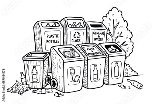 Group of waste sorting bins for plastic bottles, glass, paper, and general refuse, promoting environmental responsibility and sustainability for educational materials and ecofriendly