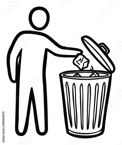 Icon of a person properly disposing of garbage into an open trash bin, ideal for environmental awareness campaigns, public service announcements, and waste management instructions.