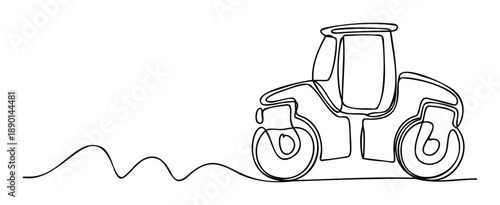 Monochromatic single continuous line drawing of a powerful compacting road roller vehicle, perfect for civil engineering presentations and heavy equipment industry promotions.