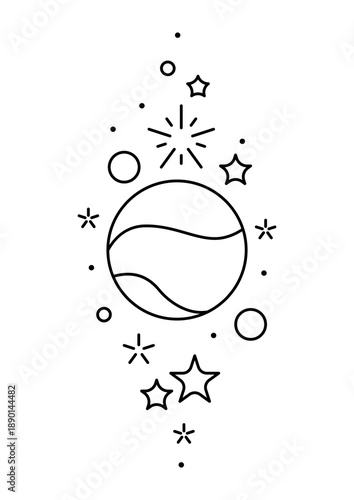 Magic celestial body and stars. Line art style.