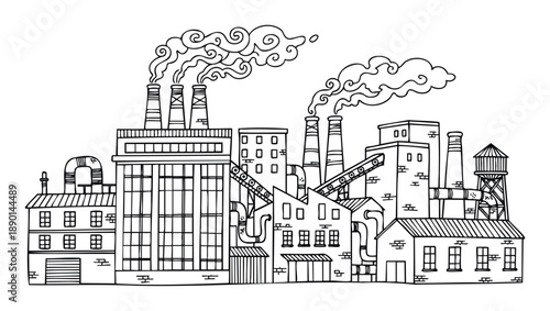 Hand drawn factory complex emitting smoke from multiple chimneys, illustrating industrial production and environmental impact for educational materials or business presentations