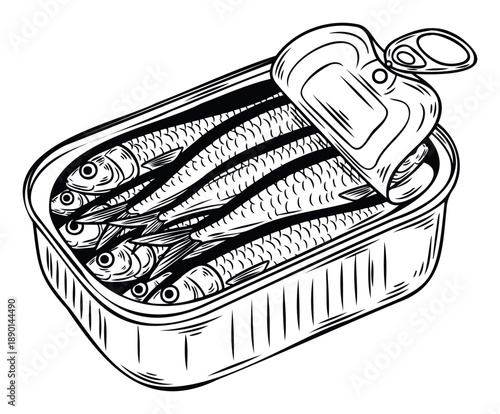 Classic black and white engraving of an open canned fish container showcasing rows of sardines, suitable for food product labels, seafood markets, or recipe graphics.