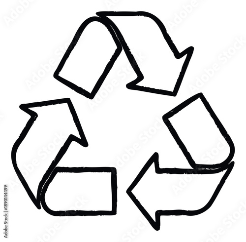 Hand drawn recycle symbol with a rustic brushstroke appearance perfect for environmental campaigns, ecological initiatives, and sustainability branding projects