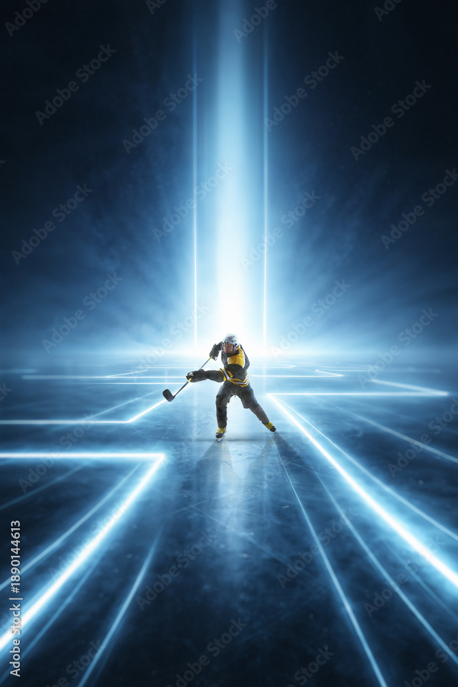 Fototapeta premium Focused mixed media ice hockey player preparing shot on digital marked rink. Concept of sports technology, training analysis, performance tracking, smart arena systems and coaching optimization.