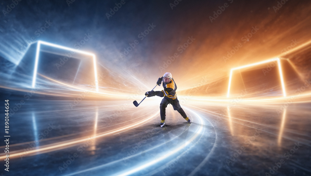 Fototapeta premium Professional poster ice hockey player practicing shooting accuracy between illuminated goals. Concept of skill development, target training, sports education and coaching materials.