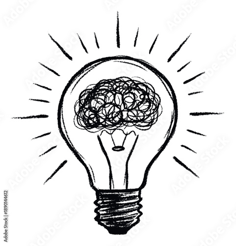 Hand drawn light bulb containing a complex brain scribble symbolizing an emerging idea, creative thinking, or intricate problemsolving for business, education, or conceptual presentations.