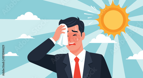 Tired businessman in a suit wipes sweat from his forehead with a white cloth while a bright hot sun shines behind him in the sky.