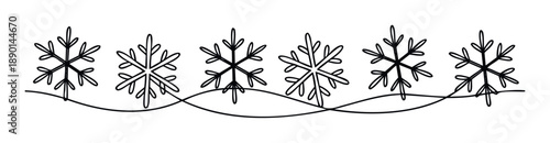 A continuous line drawing of multiple unique snowflakes forming a charming winter border perfect for seasonal greeting cards, holiday invitations, and cold weather themed graphics