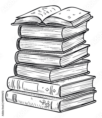 A tall stack of classic literary books with an open volume at the top, representing learning, education, and academic pursuits, suitable for studyrelated publications and digital media