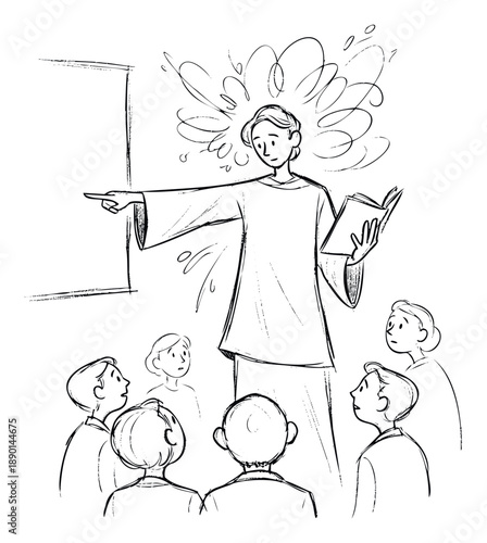 A dynamic line drawing depicts a charismatic speaker holding a book and pointing towards a presentation board, engaging an attentive audience, ideal for educational, spiritual, or business