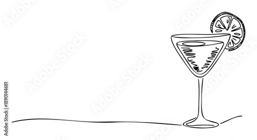 Elegant continuous line drawing of a refreshing cocktail glass with a lime slice perfect for beverage menus, event invitations, or minimalist branding