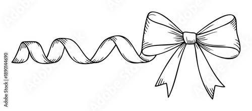Festive hand drawn ribbon bow with a long gracefully flowing wavy tail, perfect for enhancing event decorations, gift packaging, or adding a charming accent to various celebratory designs.