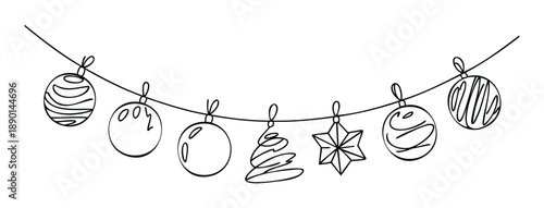 Simple continuous line drawing of hanging holiday decorations including various Christmas balls, a stylized tree, and a star, perfect for seasonal greetings or festive event invitations.