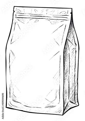 Hand drawn blank stand up pouch packaging sketch ready for product mockups and branding in the food or retail industry presentation