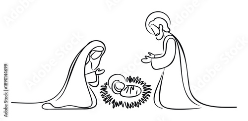 Simple line drawing depicting the Holy Family at the Nativity scene with Mary and Joseph adoring baby Jesus in a manger, perfect for Christmas cards or religious holiday themes.