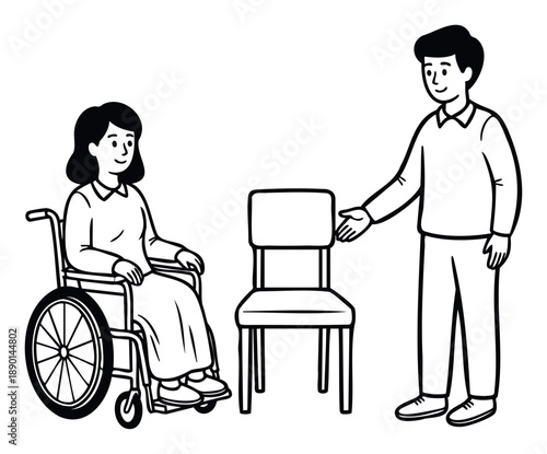 Caregiver assisting a disabled woman in a wheelchair to transfer to a regular chair, emphasizing support, accessibility, and rehabilitation in various healthcare scenarios