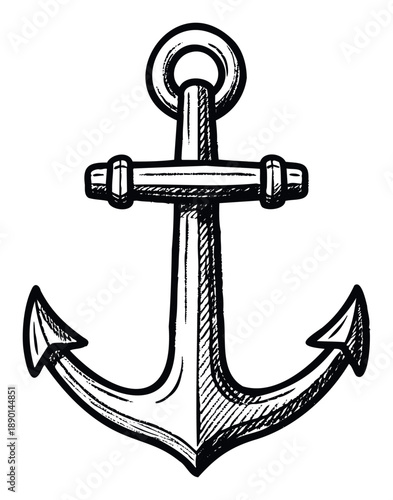 A rustic hand drawn boat anchor representing stability, strength, and marine navigation for various nautical themed graphic designs and maritime projects