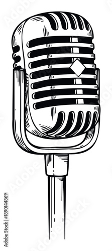 Classic vintage microphone sketch representing broadcast and sound, suitable for music projects, live event promotions, or media entertainment designs.