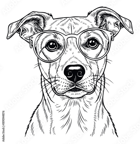 Hand drawn illustration of an intelligent looking dog wearing eyeglasses suitable for pet apparel designs, veterinary clinic branding, and animal lover gifts.