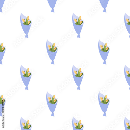 Seamless spring pattern with yellow tulip bouquet. Floral background for International Women’s Day, gift wrap, textile and seasonal design