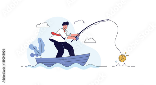 Businessman in a white shirt and tie stands in a small blue boat on the water and uses a fishing rod to catch a large gold coin.