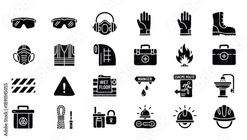 Comprehensive collection of safety and personal protective equipment and essential warning signs for industrial, construction, and workplace applications.