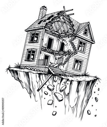 Distressed home teetering on a collapsing cliff edge represents economic downturn, property risk, or environmental disaster themes for articles and educational content.