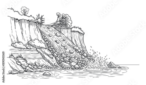 Geological process depiction showing a rockfall from a steep cliff into water, useful for educational materials, hazard preparedness guides, or environmental science presentations.