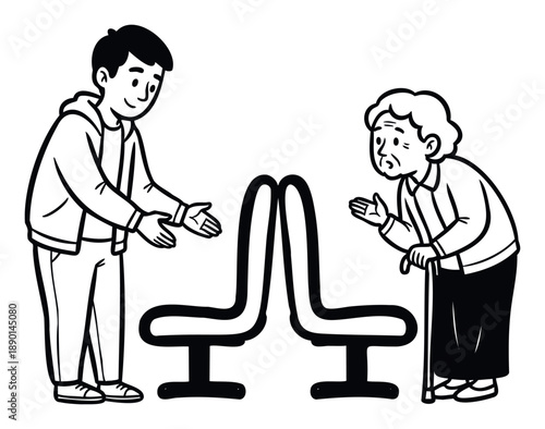 Young man offering a seat to an elderly woman demonstrating politeness and respect, suitable for depicting good manners and community values.