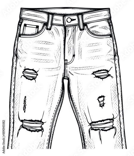 Distressed denim jeans with ripped knees and textured pockets ideal for fashion apparel design clothing catalogs or textile prints for a casual style