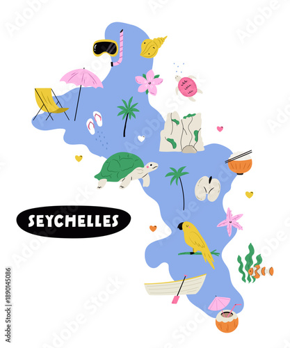Seychelles Illustrated Map with Tropical Animals, Island Symbols and Travel Icons. Cute Flat Vector Illustration
