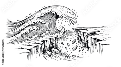 A powerful ocean wave crashes dramatically against rugged sea cliffs causing erosion and destruction, perfect for illustrating environmental impact or the raw strength of nature