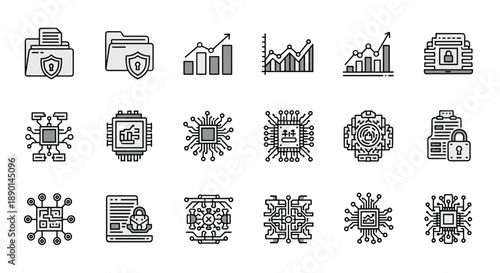 Large set of black and white line icons representing cybersecurity data folders network circuits and financial growth charts for tech.